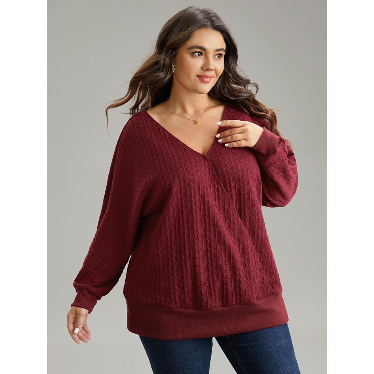 Plus Size Solid Rib Knit V Neck Sweatshirt Women Burgundy Casual Rib Knit V-neck Dailywear Sweatshirts BloomChic 12/L Product Image
