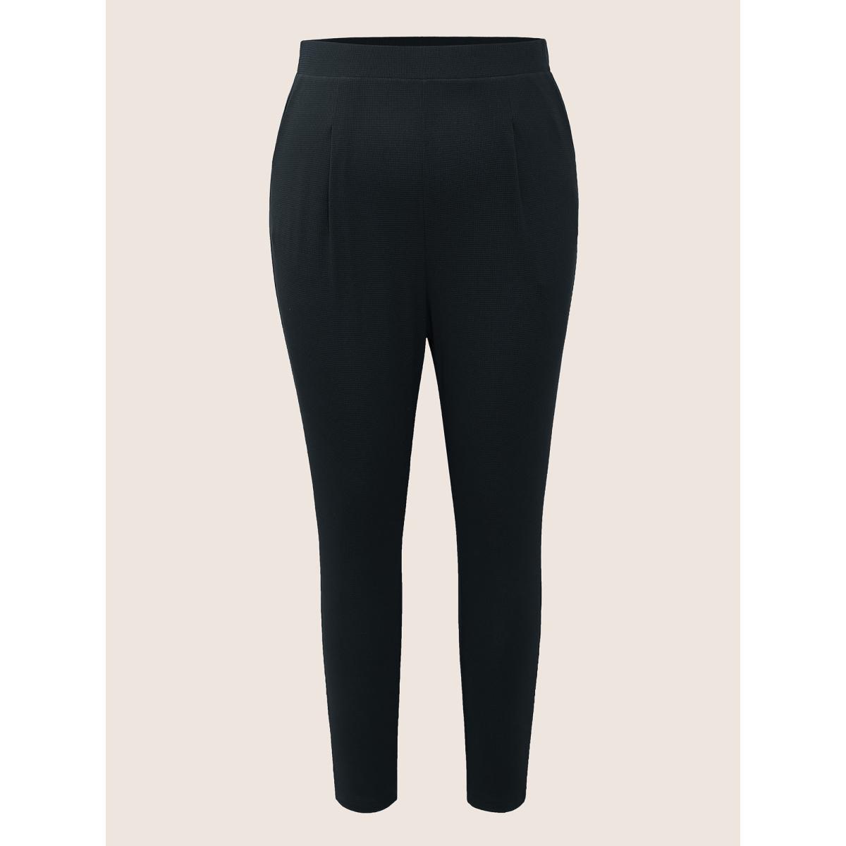 Plus Size Solid Mid Rise Gathered Elastic Waist Pants Women Black Work From Home Mid Rise Work Pants BloomChic 28/5X Product Image