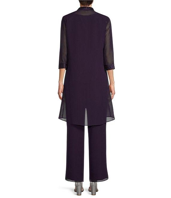 Le Bos Round Neck 3/4 Sleeve Georgette Tonal Trim Evening 3-Piece Pant Set Product Image