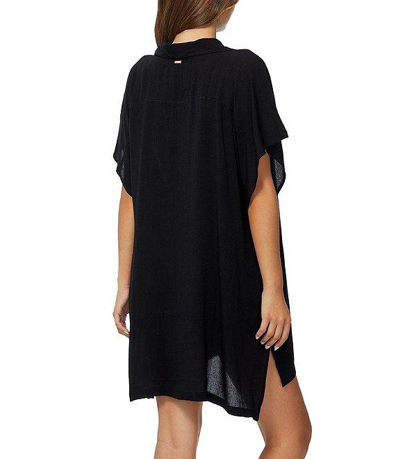 Raisins Solid Vacay Point Collar Button Front Shirt Swim Cover-Up Product Image