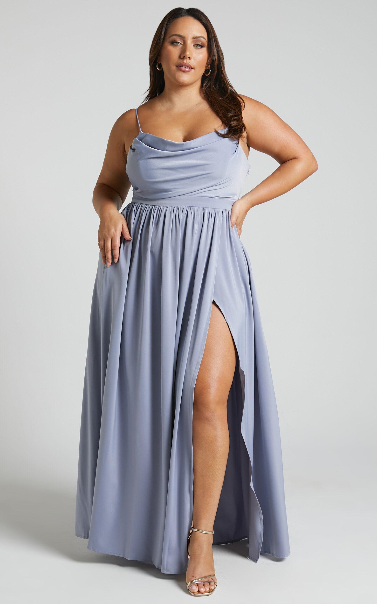 Gemalyn Maxi Dress - Cowl Neck Thigh Split Dress in Sky Blue Product Image