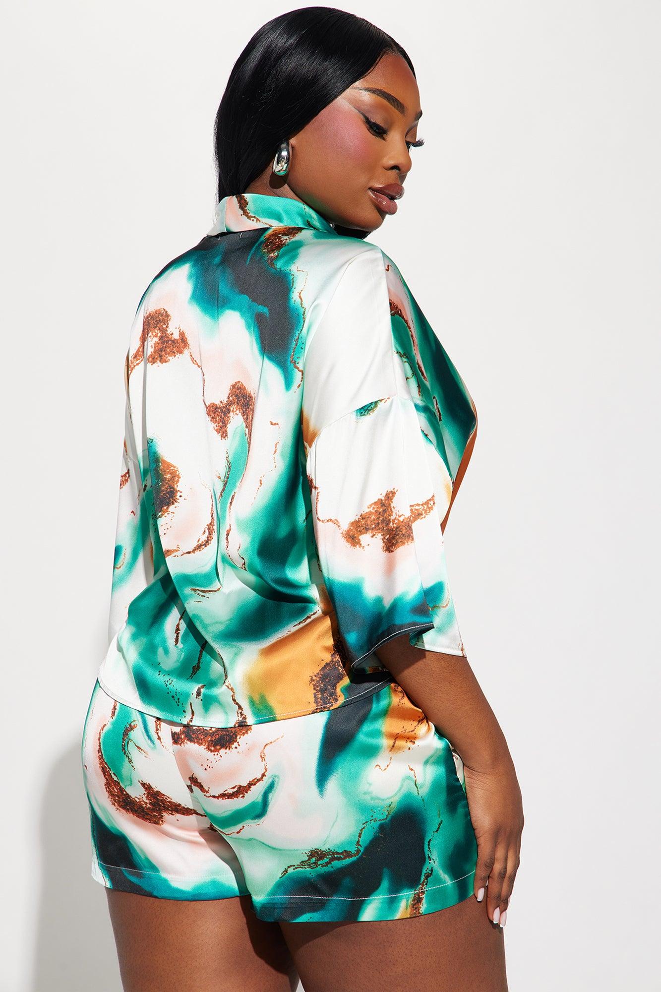 Janice Satin Short Set - Green/combo Product Image