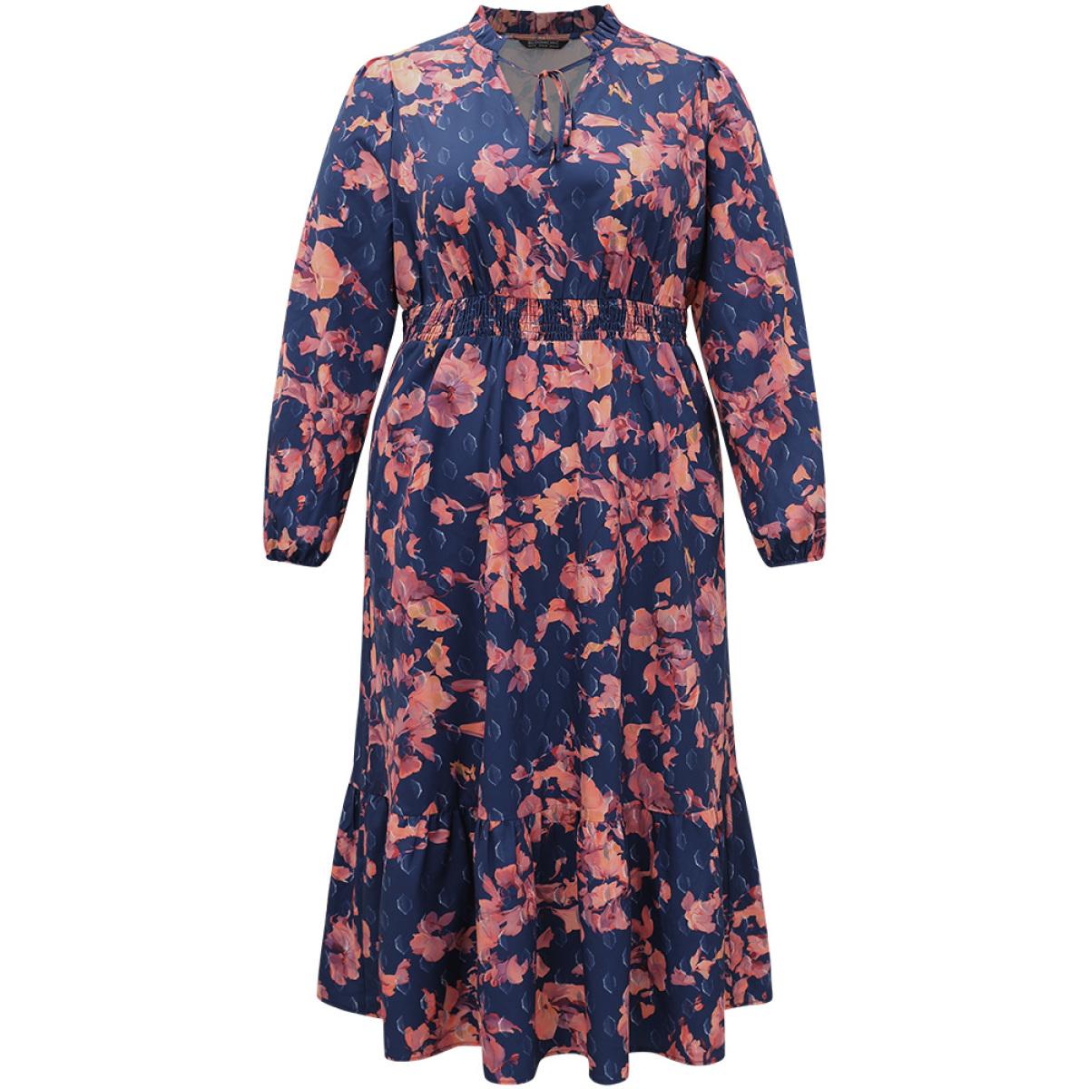 Plus Size Floral Print Shirred Frill Trim Ties Dress DarkBlue Women Elegant Elastic cuffs Tie Neck Long Sleeve Curvy Midi Dress BloomChic 10/M Product Image