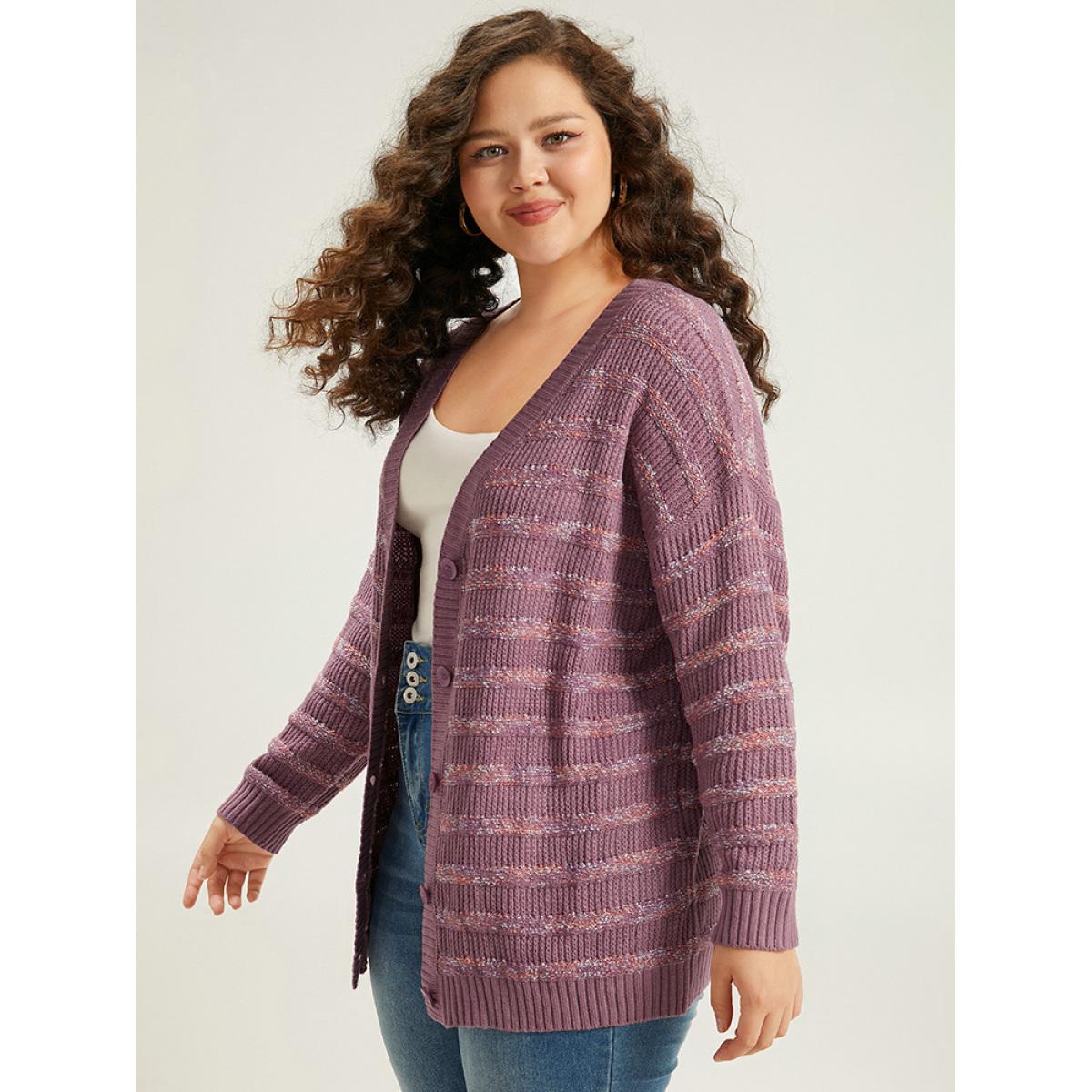 Plus Size Contrast Drop Shoulder Button Through Cardigan Mauve Women Casual Loose Long Sleeve Dailywear Cardigans BloomChic 30/6X Product Image