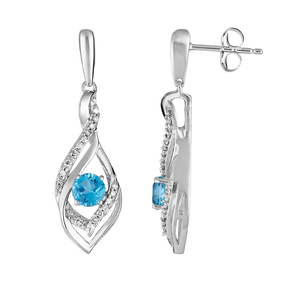 10k White Gold Swiss Blue Topaz & 1/8 Carat T.W. Diamond Drop Earrings, Women's, 10k Whgold Product Image