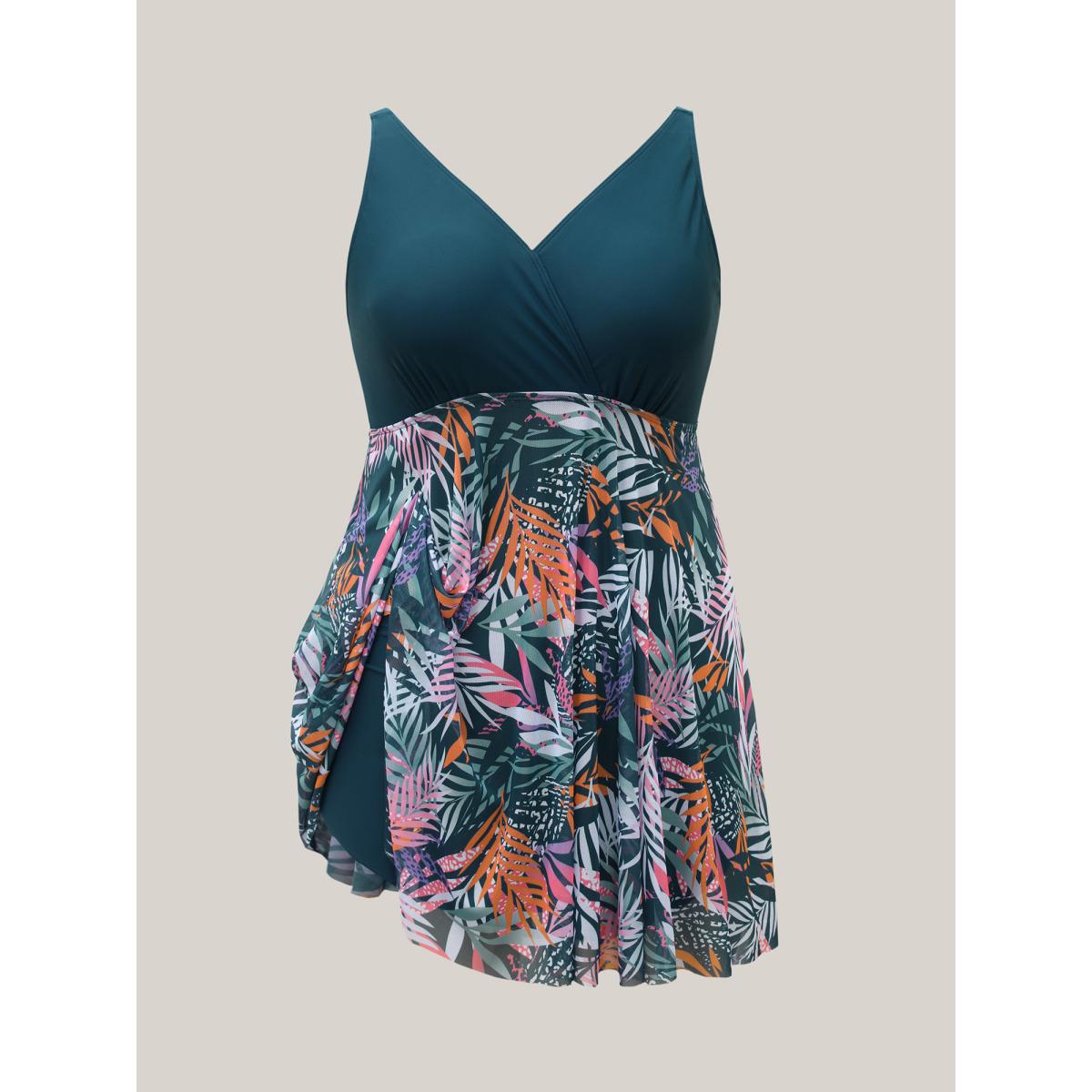 Plus Size Tropical Leaf Print Mesh Flowy Swim Dress Women's Swimwear Cyan Beach Bodycon Overlap Collar High stretch Curve Swim Dresses BloomChic 22-24/3X Product Image