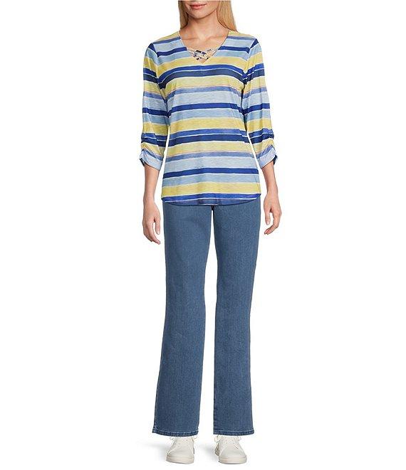 Allison Daley Stripe Print 3/4 Ruched Sleeve Criss Cross V-Neck Knit Top Product Image