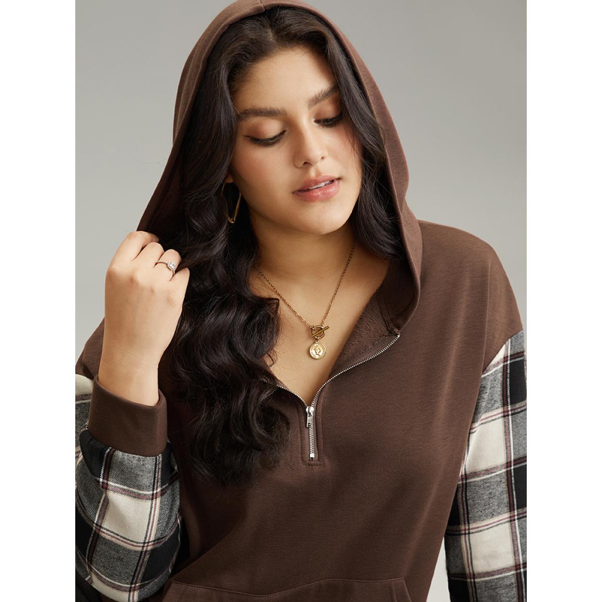 Plus Size Plaid Patchwork Half Zip Pocket Hooded Sweatshirt Women DarkBrown Casual Zipper Hooded Everyday Sweatshirts BloomChic 28/5X Product Image