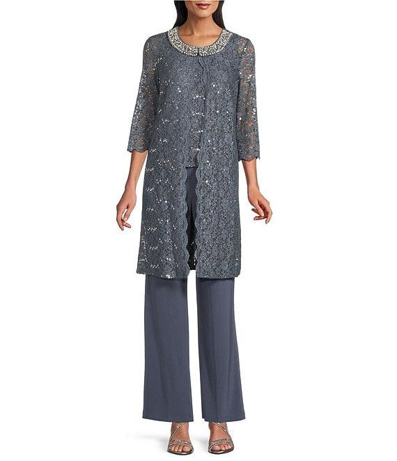 R & M Richards 3/4 Sleeve Sequin And Pearl Embellished Crew Neck Lace 3-Piece Pant Set Product Image