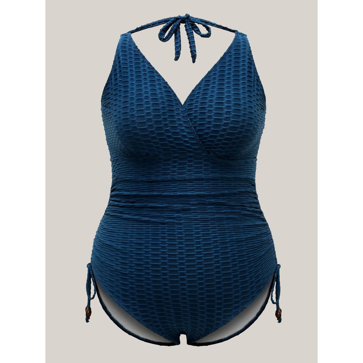 Plus Size Textured Drawstring Halter Neck One-Piece Swimsuit Women's Swimwear Cyan Beach Tie knot Curve Bathing Suits High stretch One Pieces BloomChic 14-16/1X Product Image