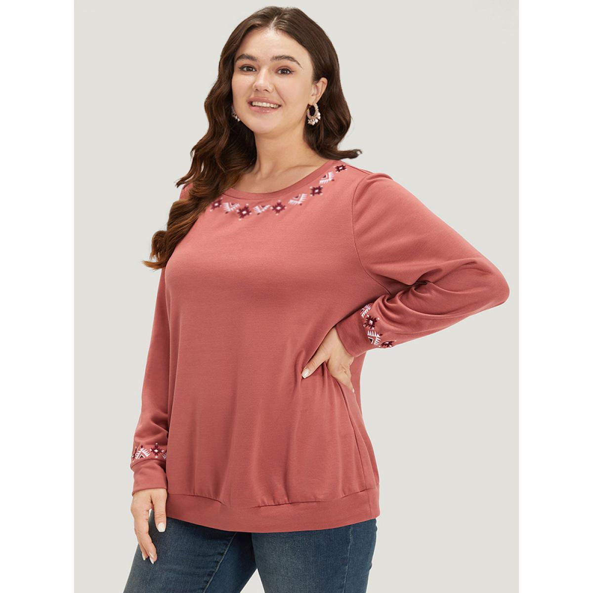 Plus Size Floral Embroidered Long Sleeve Crew Neck Sweatshirt Women DustyPink Elegant Elastic cuffs Round Neck Dailywear Sweatshirts BloomChic 28/5X Product Image