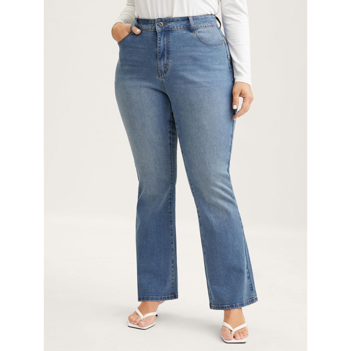 Plus Size Butt-Lift Bootcut Mid Rise Jeans Women Midblue Leisure High stretch Slanted pocket Jeans BloomChic 14/1X Product Image