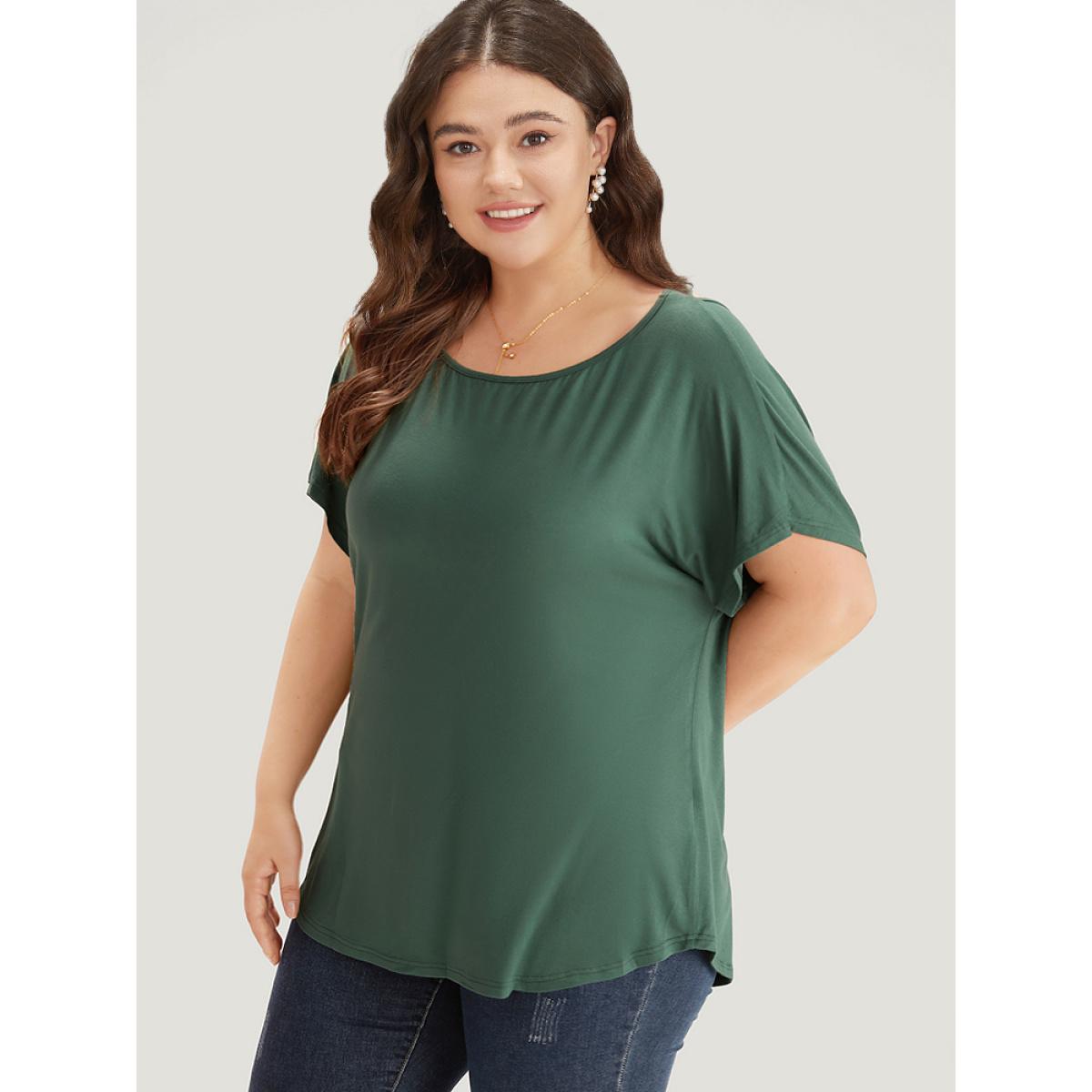 Plus Size Supersoft Essentials Plain Batwing Sleeve Cut Out T-shirt Emerald Women Elegant Plain Plain Round Neck Dailywear T-shirts BloomChic 26/4X Product Image