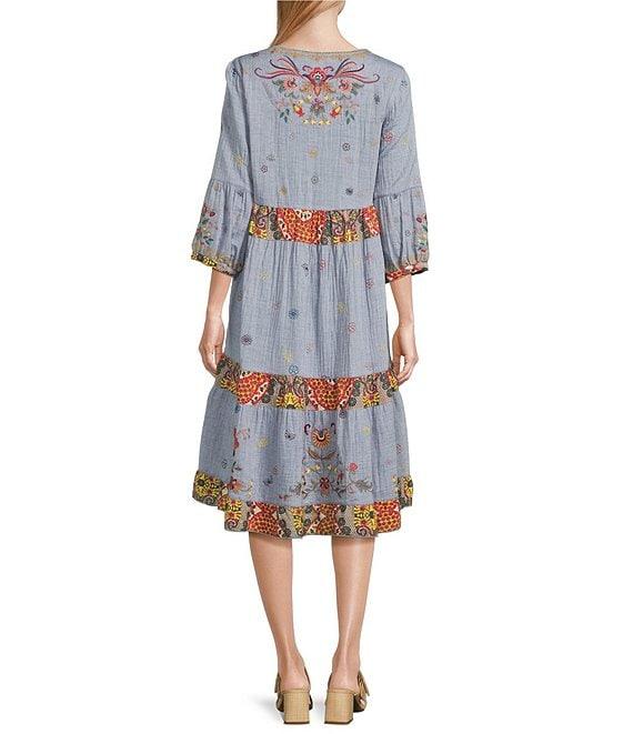 John Mark Floral Embroidered Woven V-Neck 3/4 Sleeves Tiered Hem A-Line Midi Dress Product Image