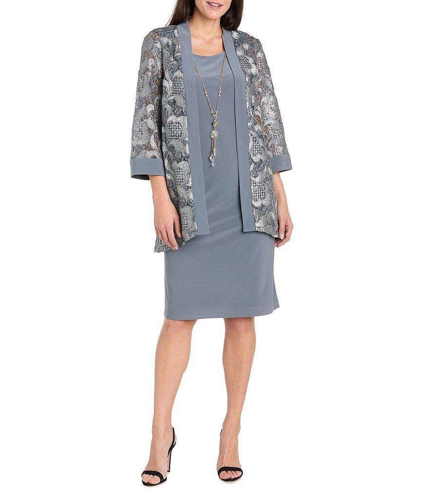 R & M Richards Crew Neck 3/4 Sleeve Embroidered Mesh Sequin 2-Piece Jacket Dress Product Image