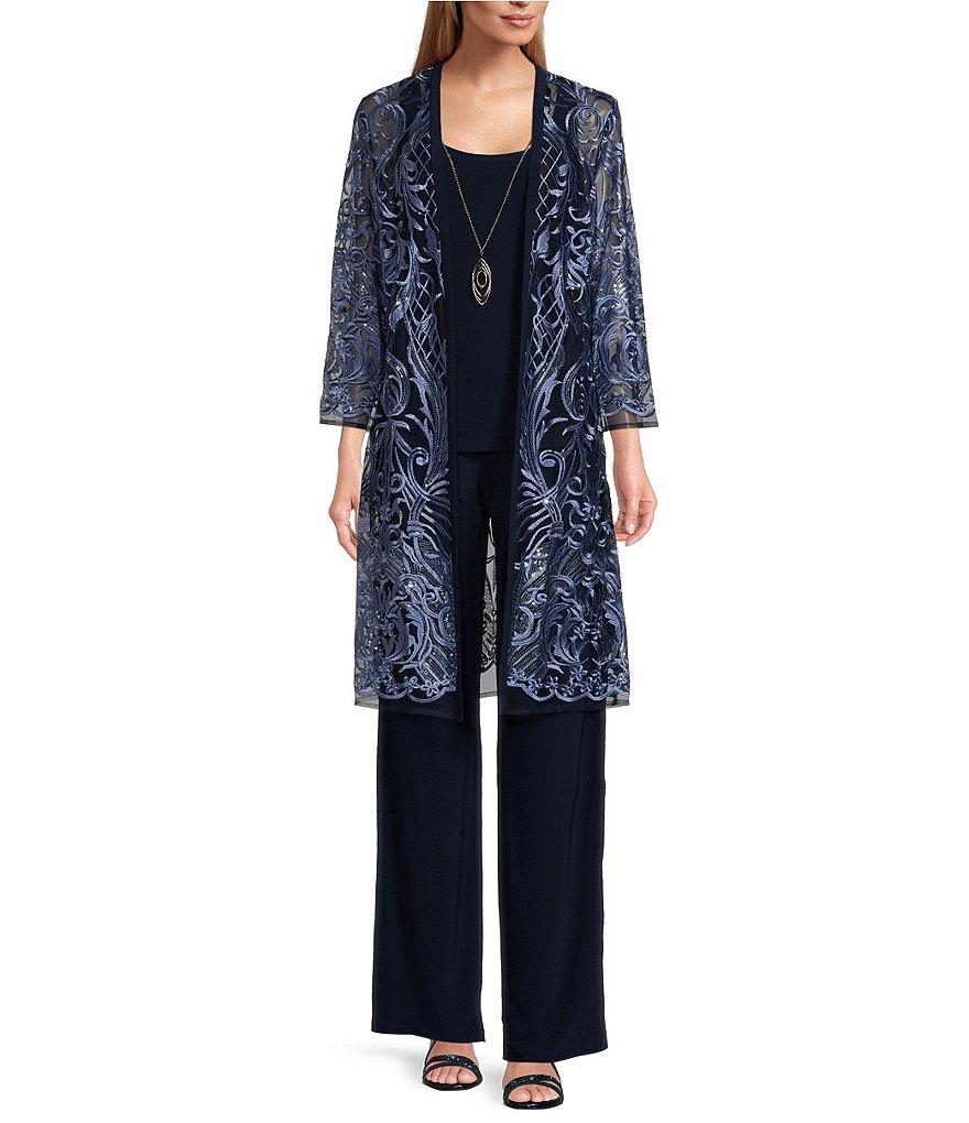 R & M Richards 3/4 Sleeve Round Neck Embellished Sequin Duster Jacket 3-Piece Pant Set Product Image