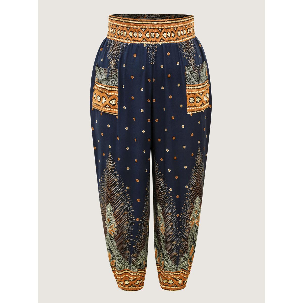 Plus Size Peacock Print Shirred Jogger Pants Women Indigo Boho Mid Rise Vacation Pants BloomChic 10/M Product Image