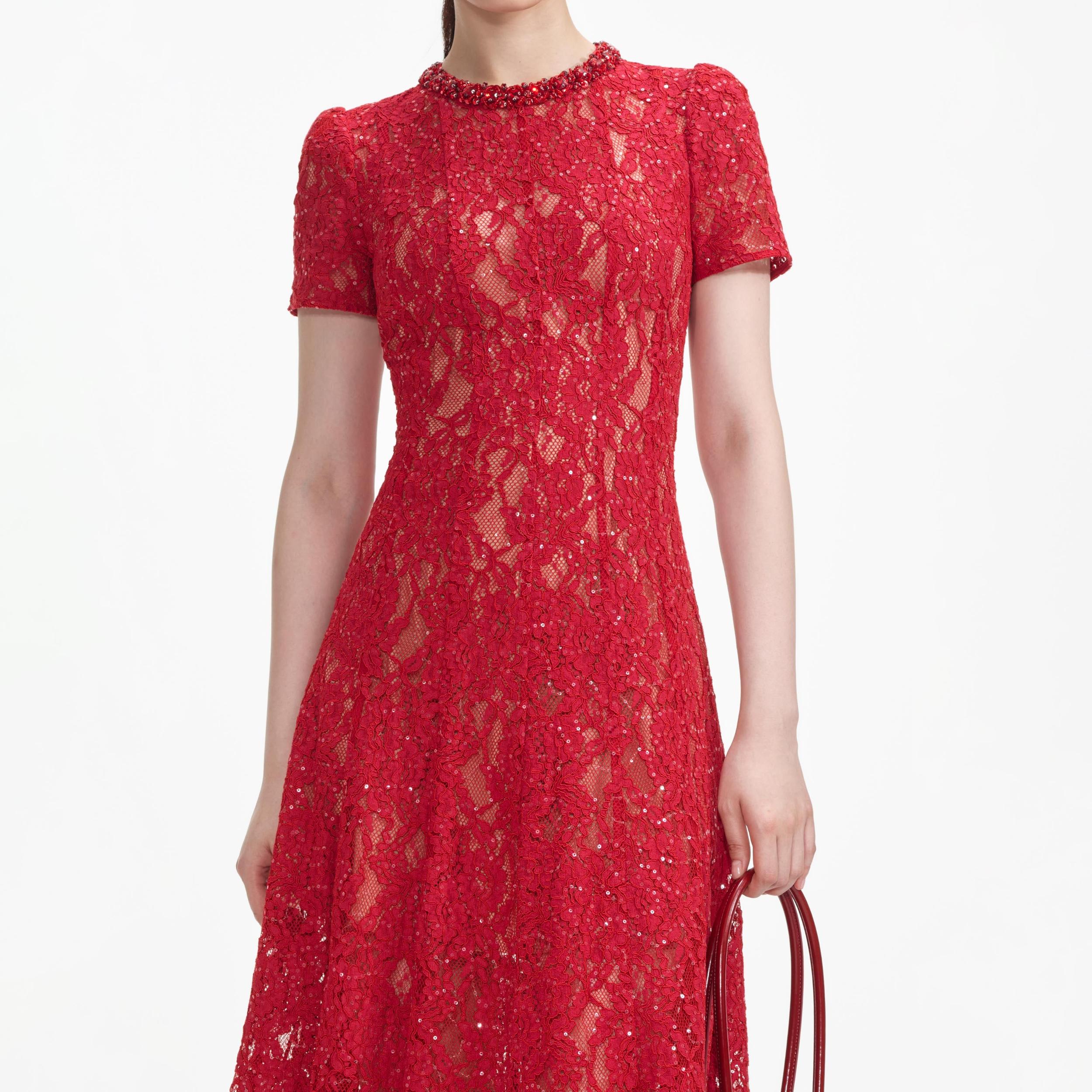 Red Sequin Lace Midi Dress Product Image