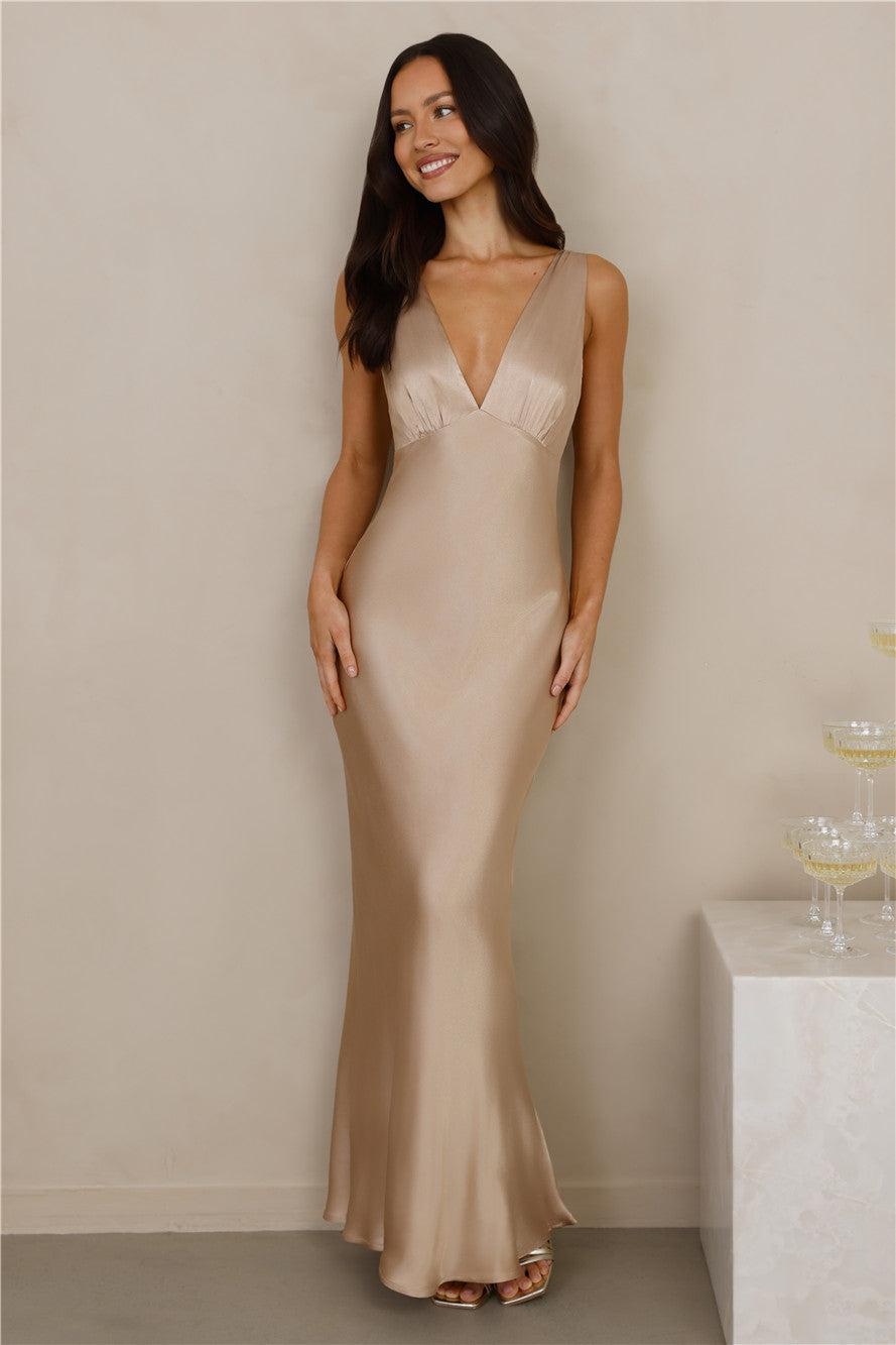 The Isabeau Satin Maxi Dress Champagne Product Image