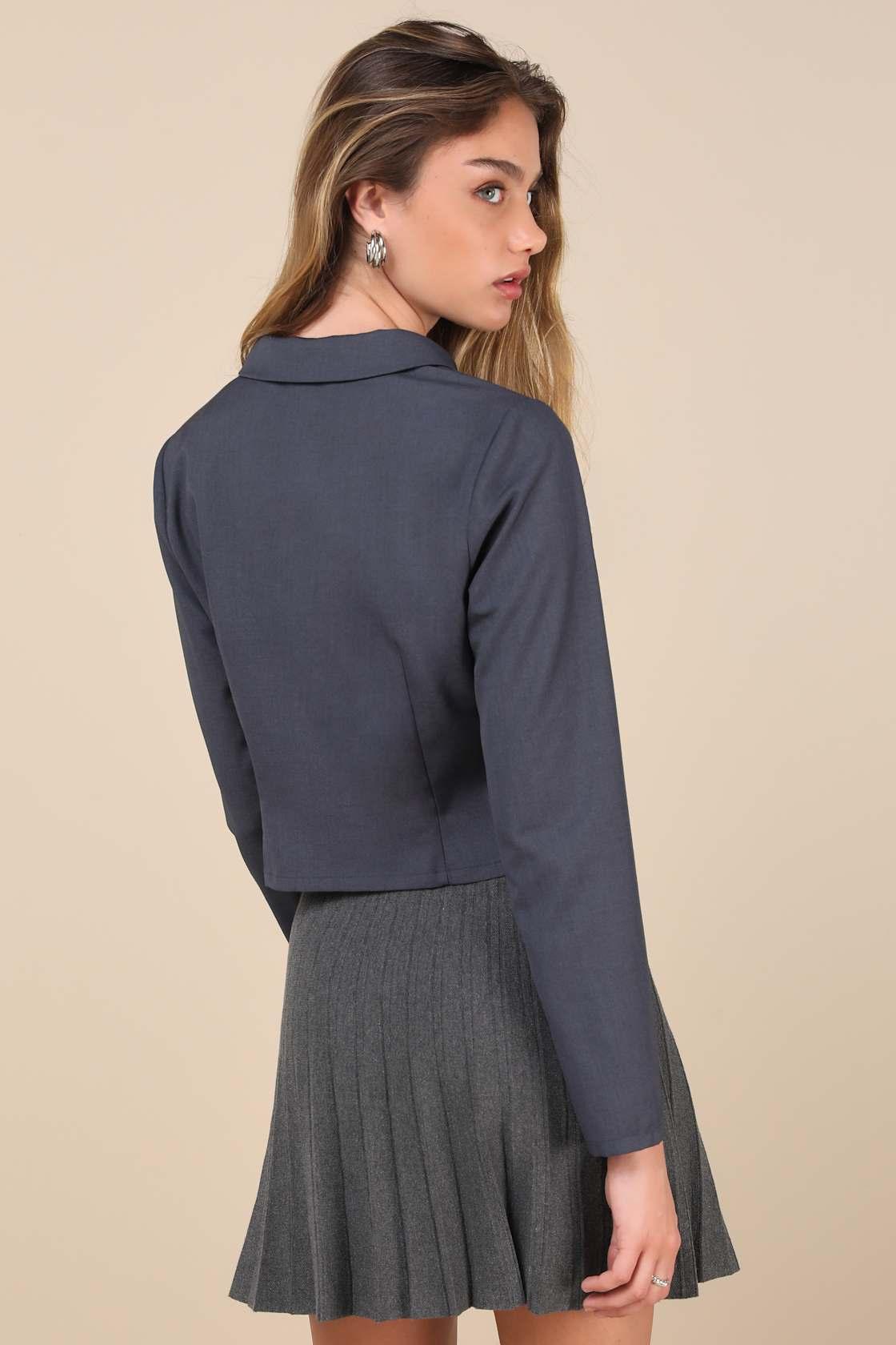 Trendy Potential Dark Slate Tie-Front Long Sleeve Top Product Image