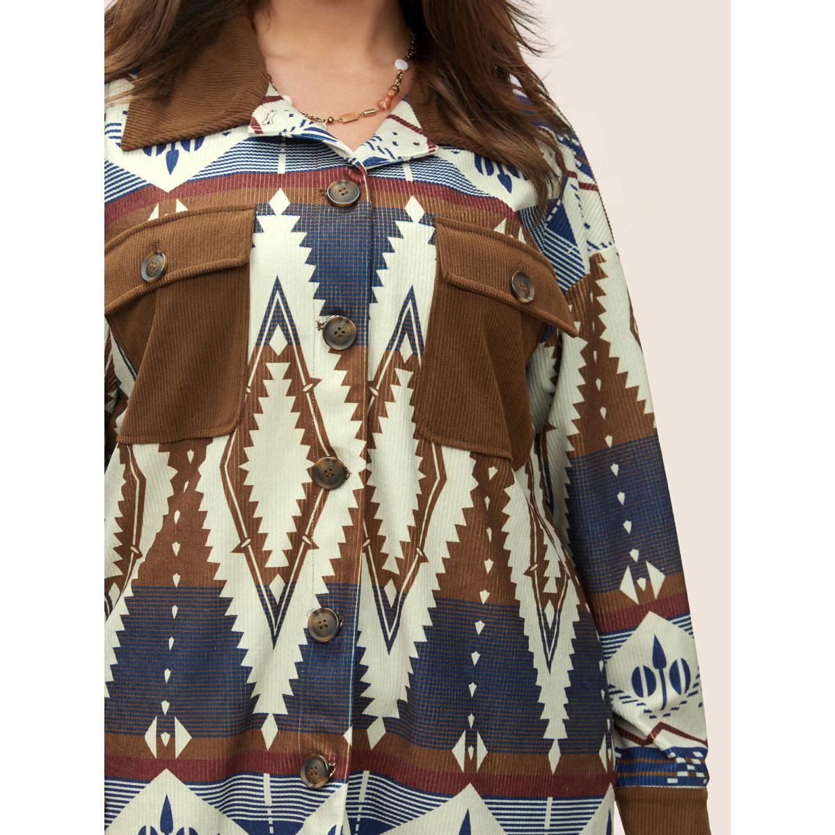 Plus Size Geometric Patchwork Corduroy Patched Pocket Jacket Women DarkBrown Lined Pocket Everyday Jackets BloomChic 10/M Product Image