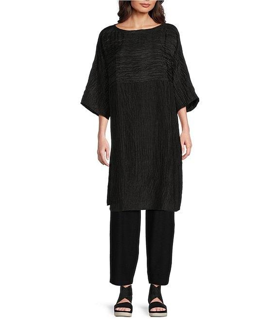 Eileen Fisher Textured Silk Jacquard Boat Neck 3/4 Sleeve Tunic Product Image