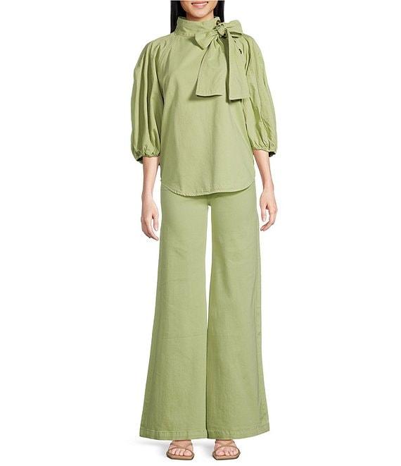 A Loves A Tinted Denim Mock Bow Tie Neck 3/4#double; Puffed Balloon Sleeve Pleated Button Shoulder Tulip Hem Top Product Image