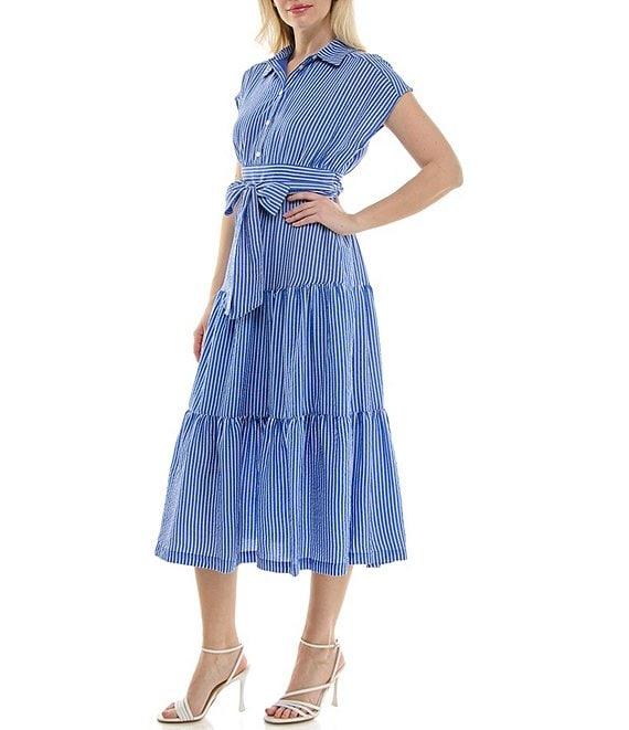 Moda Tara Cap Sleeve Button Front Seersucker Midi Dress Product Image