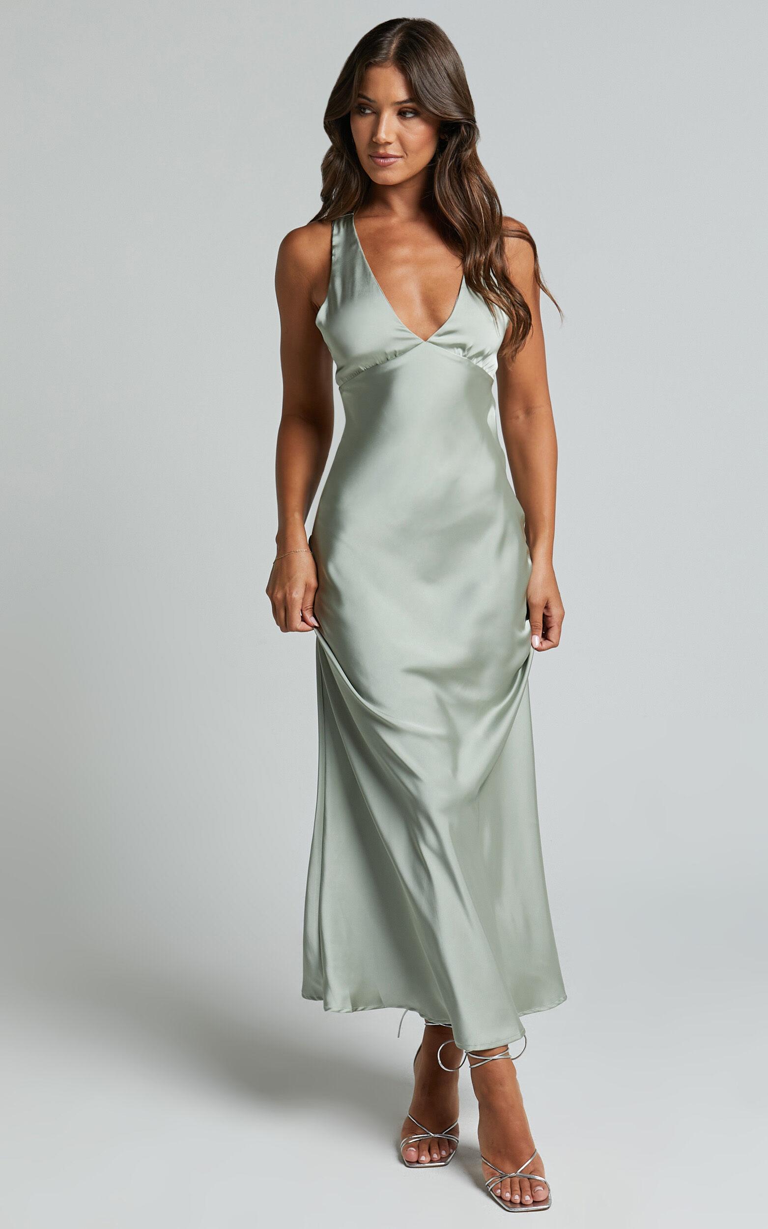 Khalani Midi Dress - Deep V Neck Satin Slip Dress in Sage Product Image