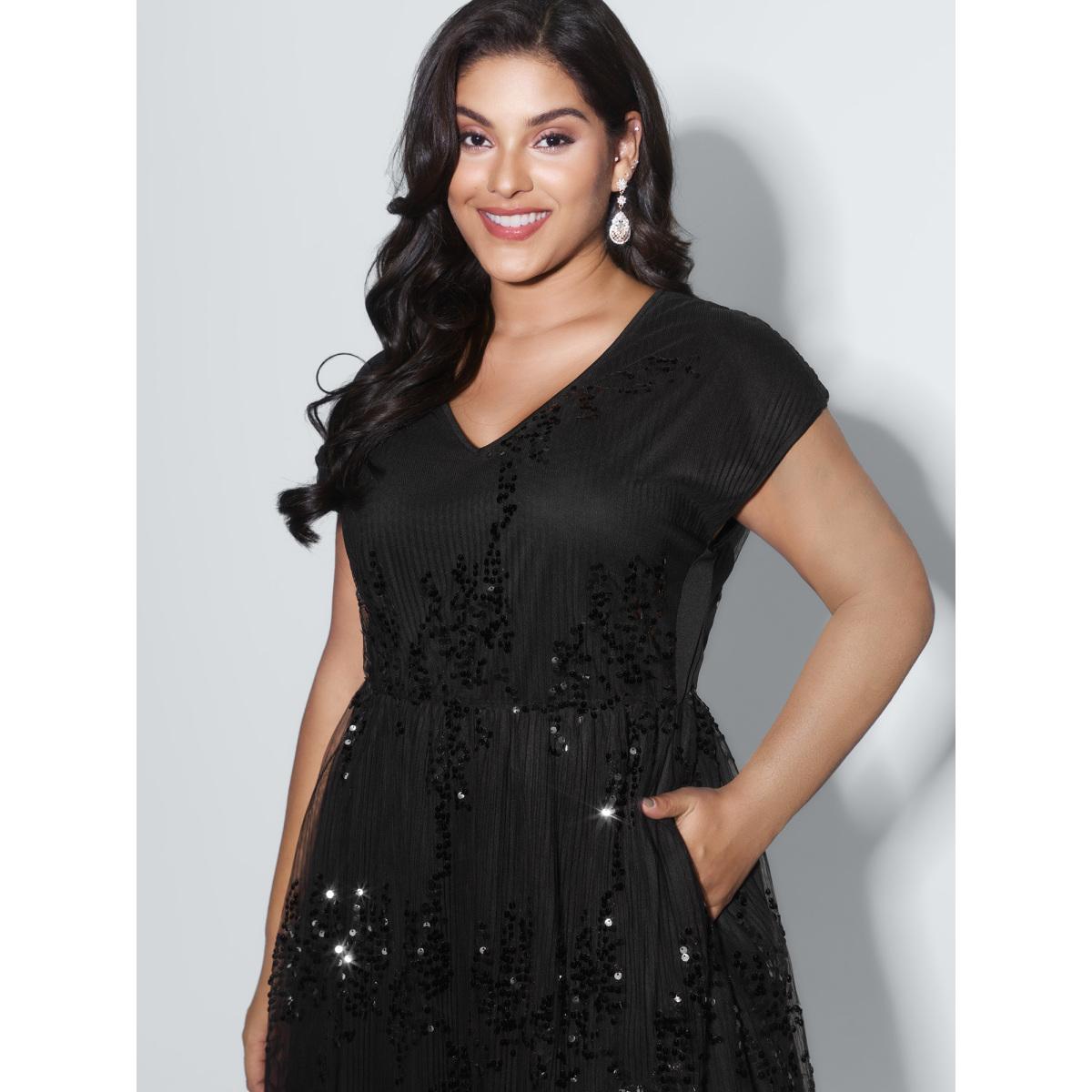 Plus Size Sequin Embellished V-Neck Midi Dress Black Women Party&Cocktail V-neck Cap Sleeve Curvy BloomChic 18-20/2X Product Image