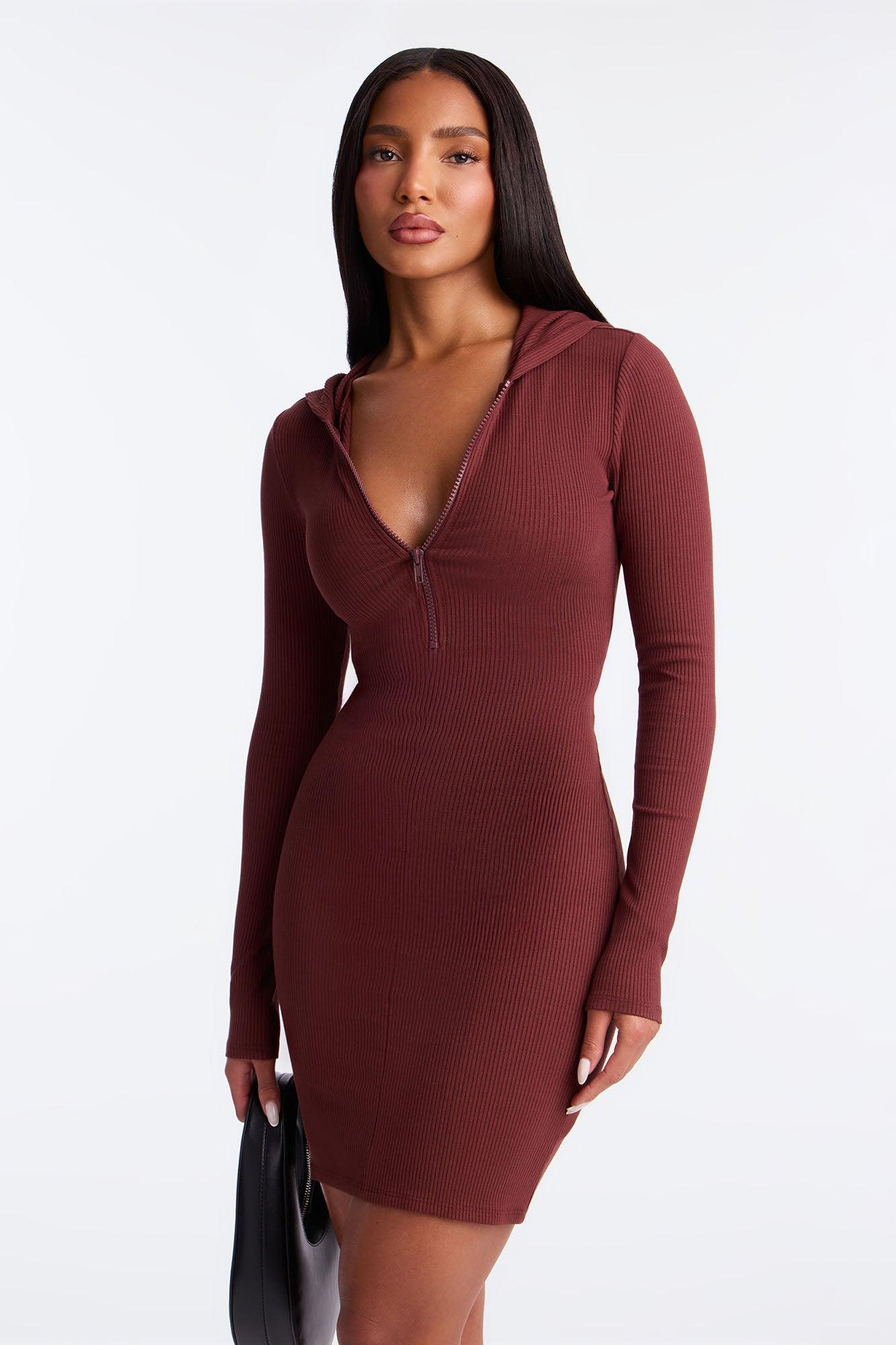 Lila Hooded Snatched Mini Dress - Brown Female Product Image