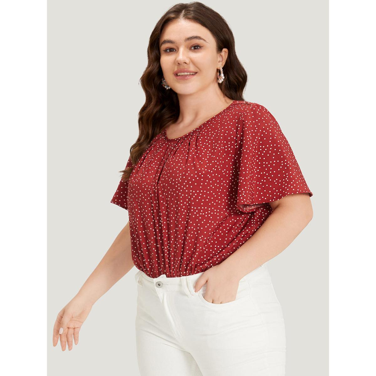 Plus Size Polka Dot Elastic Waist Plicated Detail Ruffle Sleeve Bodysuit Women Red Polka Dot Pleated Bodysuits BloomChic 30/6X Product Image