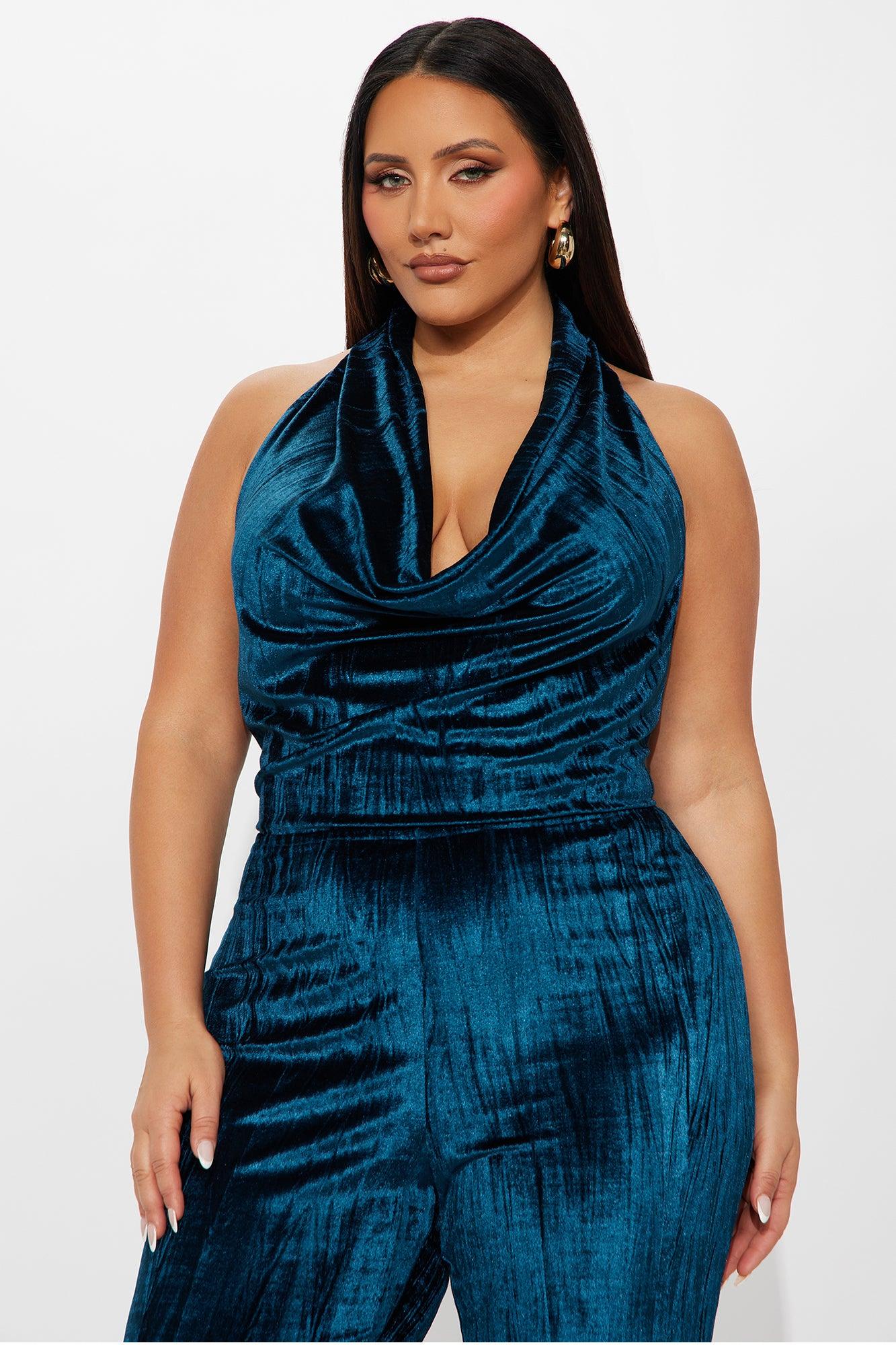 Leah Velvet Halter Flare Leg Jumpsuit - Teal Female Product Image