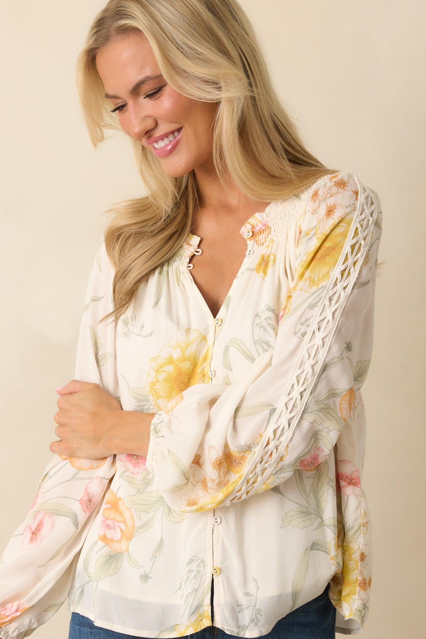 Just Winging It Ivory Multi Floral Print Rayon Long Sleeve Blouse Product Image