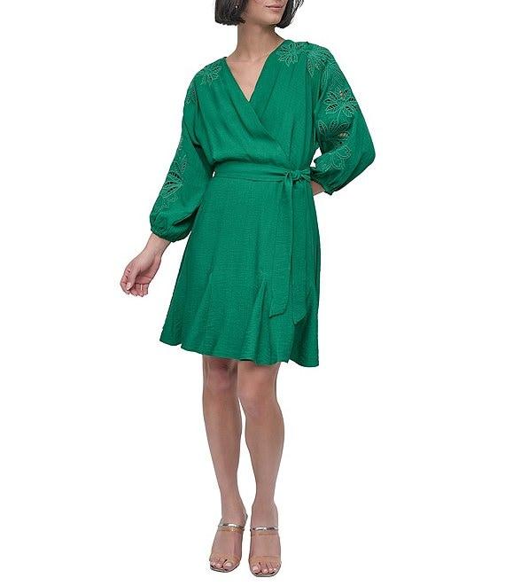 DKNY by Donna Karan Eyelet Surplice Neck 3/4 Sleeve Tie Belt Mini Dress Product Image