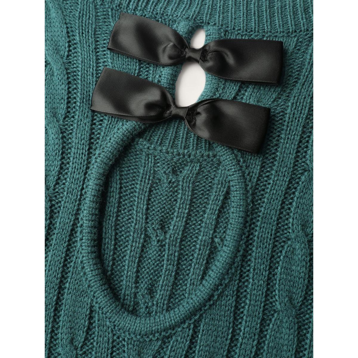 Plus Size Back Cut Out Bows Cable Knit Sweater Dress DarkSlateGray Women Leisure Bodycon Long Sleeve Casual Sweater Dresses BloomChic 28/5X Product Image