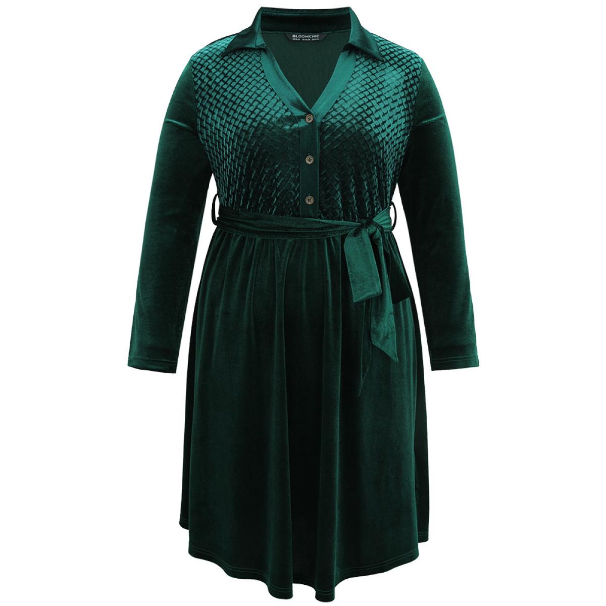 Plus Size Plain Texture Velvet Button Up Belted Dress DarkGreen Women Elegant Velvet Notched collar Long Sleeve Curvy Midi Dress BloomChic 18-20/2X Product Image