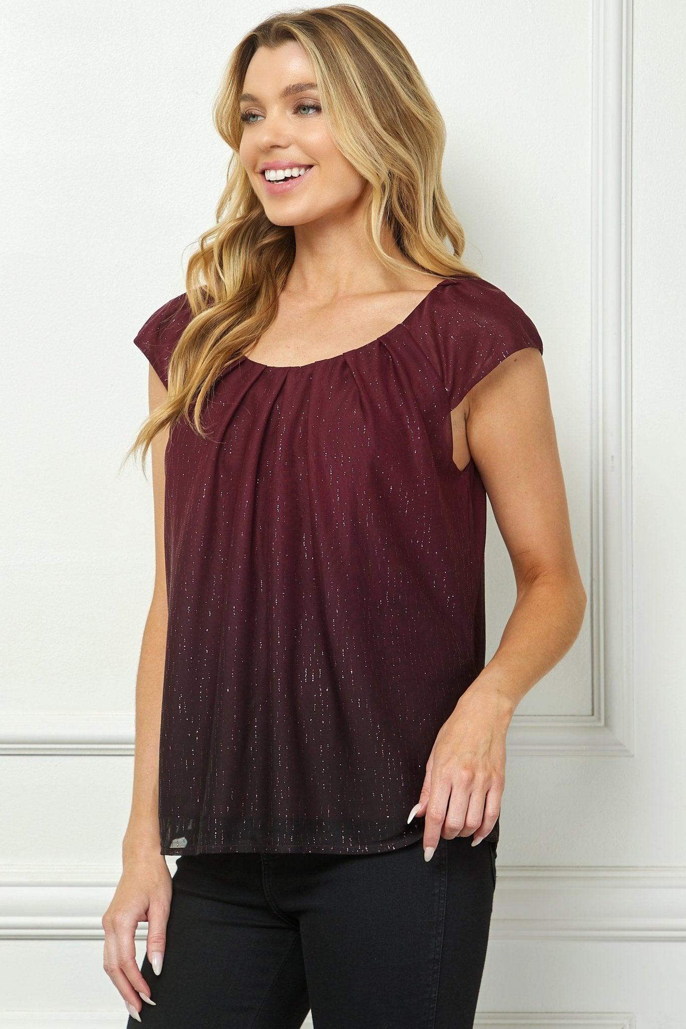 Cap Sleeve Pleat Scoop Neck Blouse, Burgundy Product Image