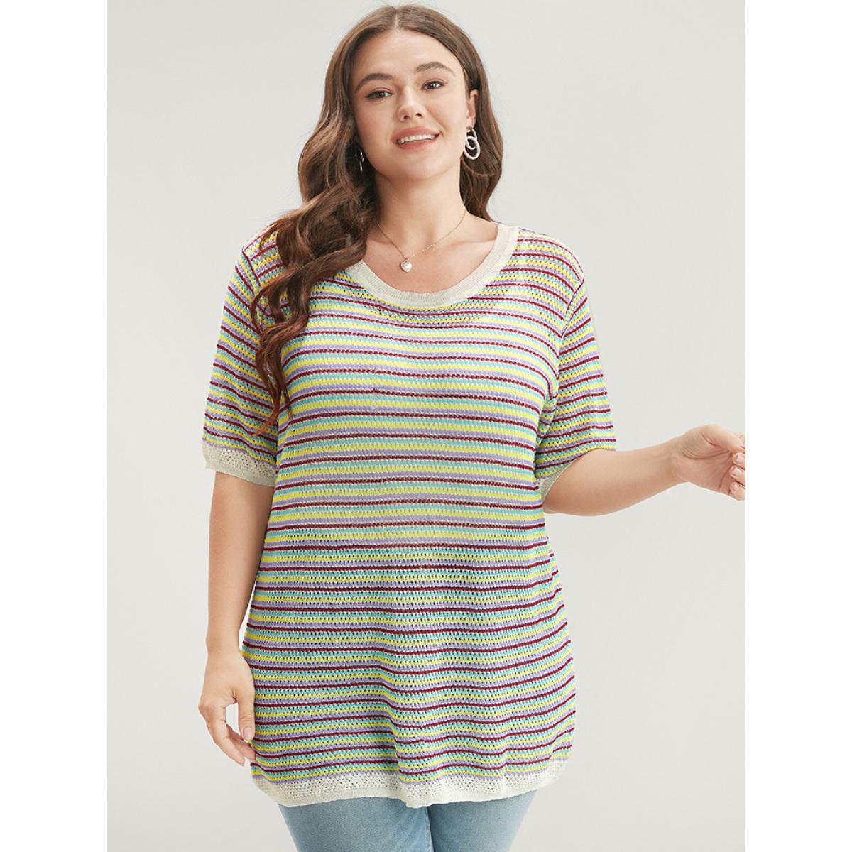 Plus Size Striped Contrast Round Neck Knit Top Multicolor Women Vacation Short sleeve Round Neck Dailywear Pullovers BloomChic 18-20/2X Product Image