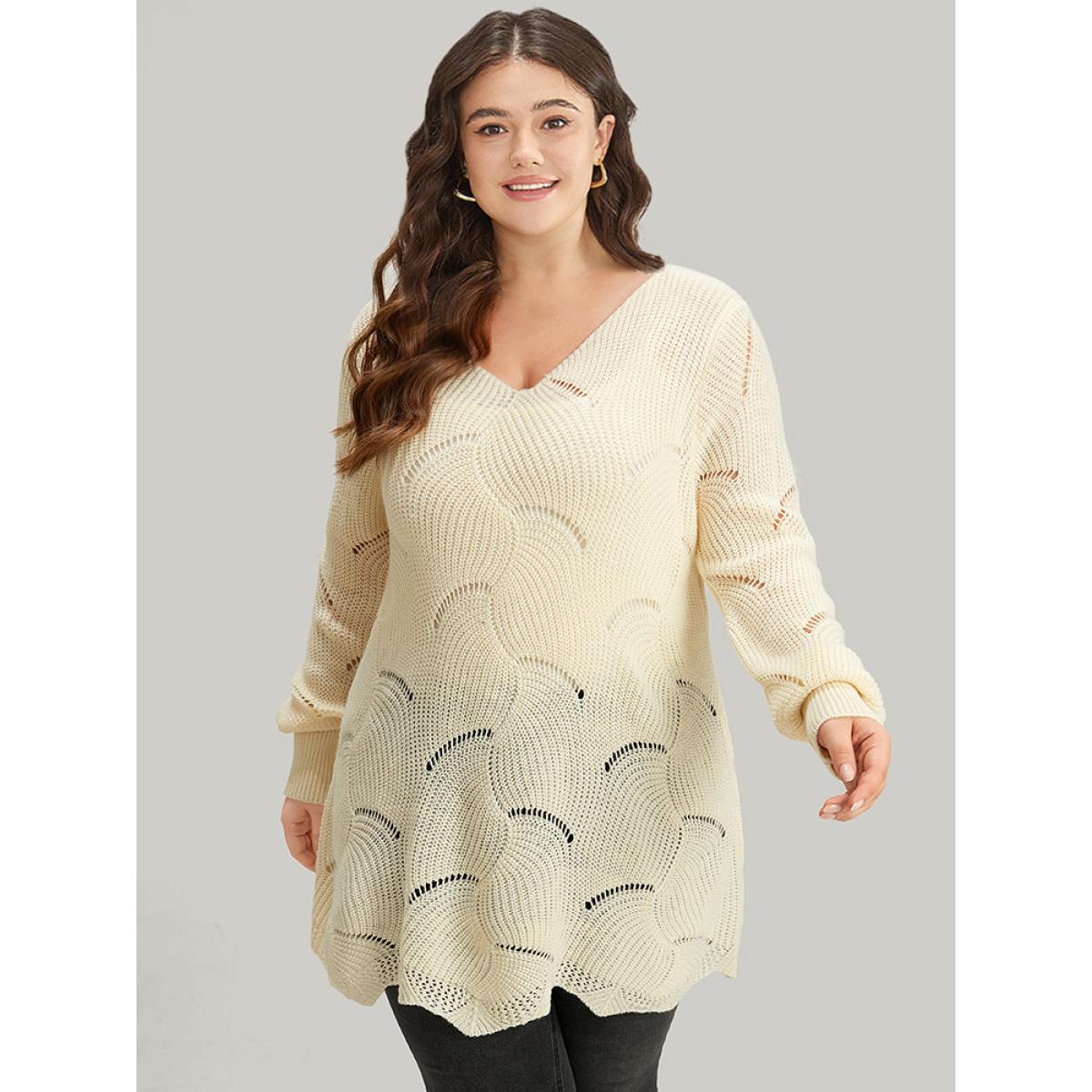 Plus Size Hollow Out Asymmetrical Hem Pullover Apricot Women Casual Loose Long Sleeve V-neck Dailywear Pullovers BloomChic 18-20/2X Product Image