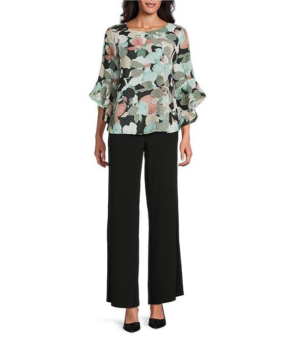 Kasper Boat Neck 3/4 Ruffle Sleeve Printed Chiffon Blouse Product Image