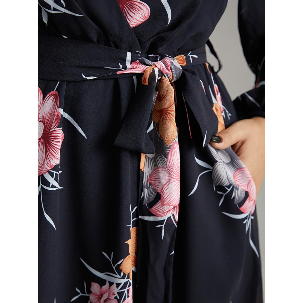 Plus Size Chiffon Floral Print Keyhole Belted Pocket Dress DarkBlue Women Elegant Elastic cuffs Keyhole Cut-Out Long Sleeve Curvy Midi Dress BloomChic 14-16/1X Product Image