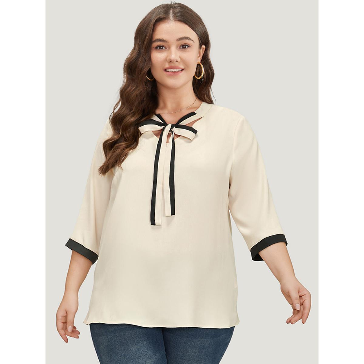 Plus Size Ivory Contrast Trim Knot Neck Blouse Women Office Elbow-length sleeve Tie Neck Work Blouses BloomChic 22-24/3X Product Image