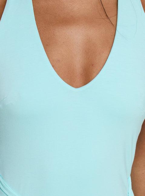 Moonlit Honey Asymmetrical Halter Jersey Midi Dress Turquoise Product Image