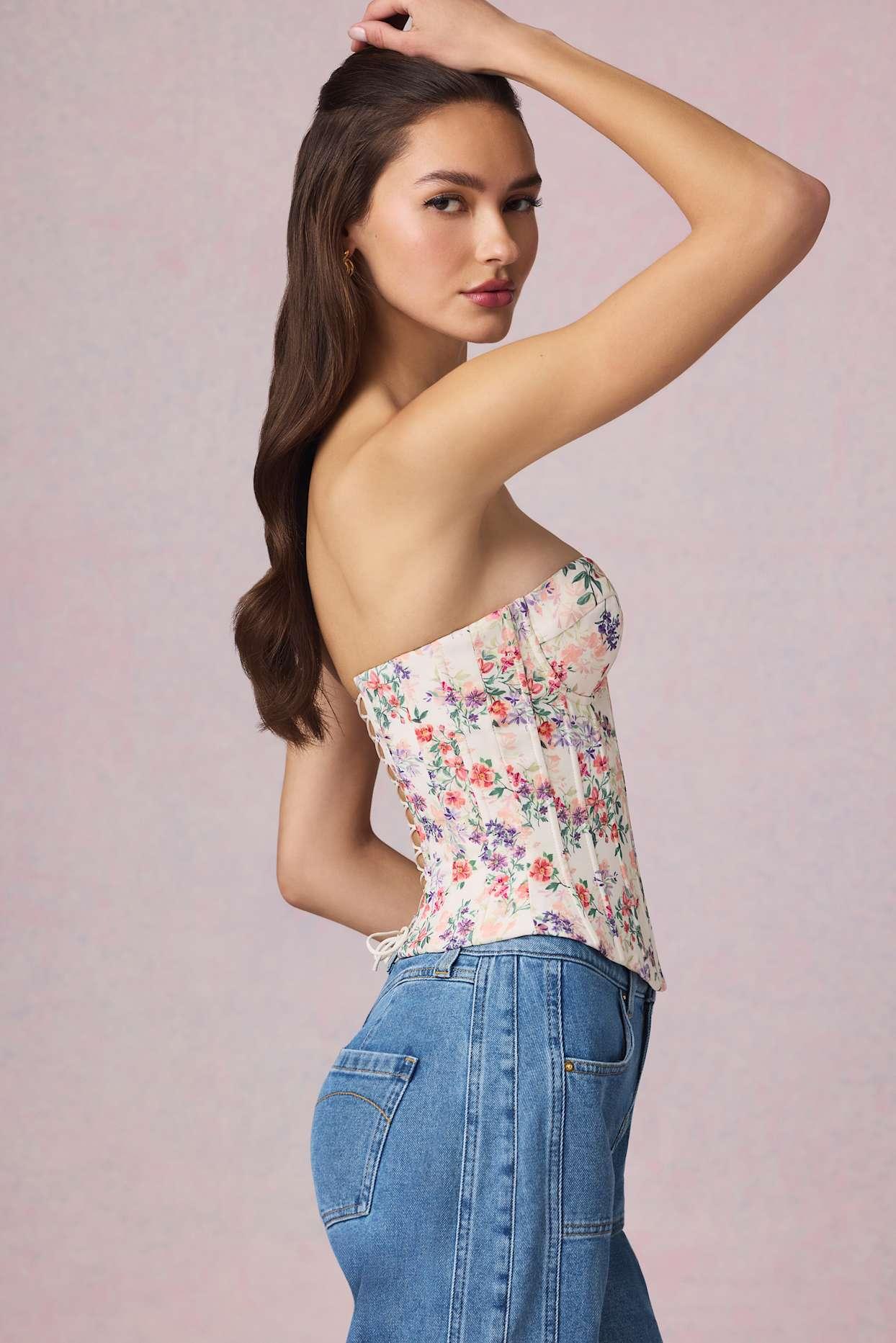 Full-Length Lace-Up Corset Top in Primrose Floral Print Product Image