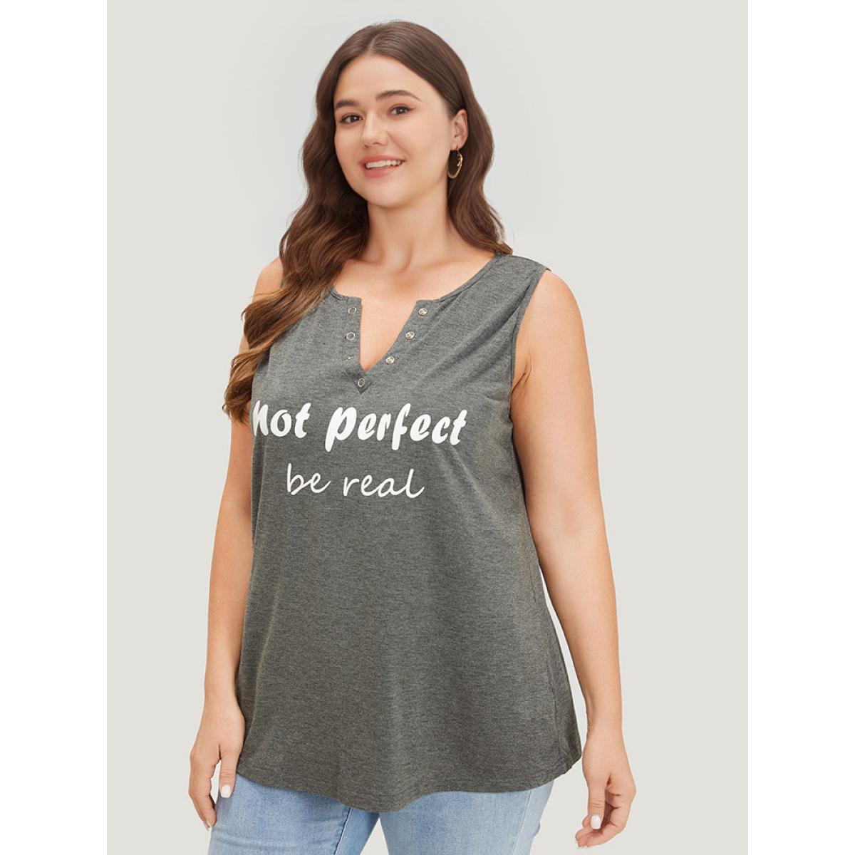 Plus Size Letter Print Button Notched Tank Top Women DarkGray Casual Printed Dailywear Tank Tops Camis BloomChic 14-16/1X Product Image