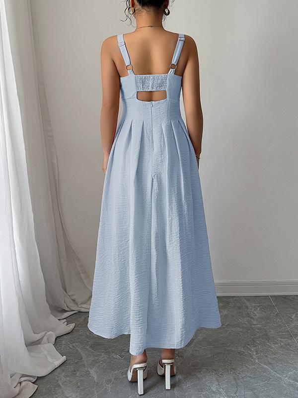 A-line High Waisted Backless Hollow Pleated Solid Color Zipper Spaghetti-Neck Midi Dresses Product Image
