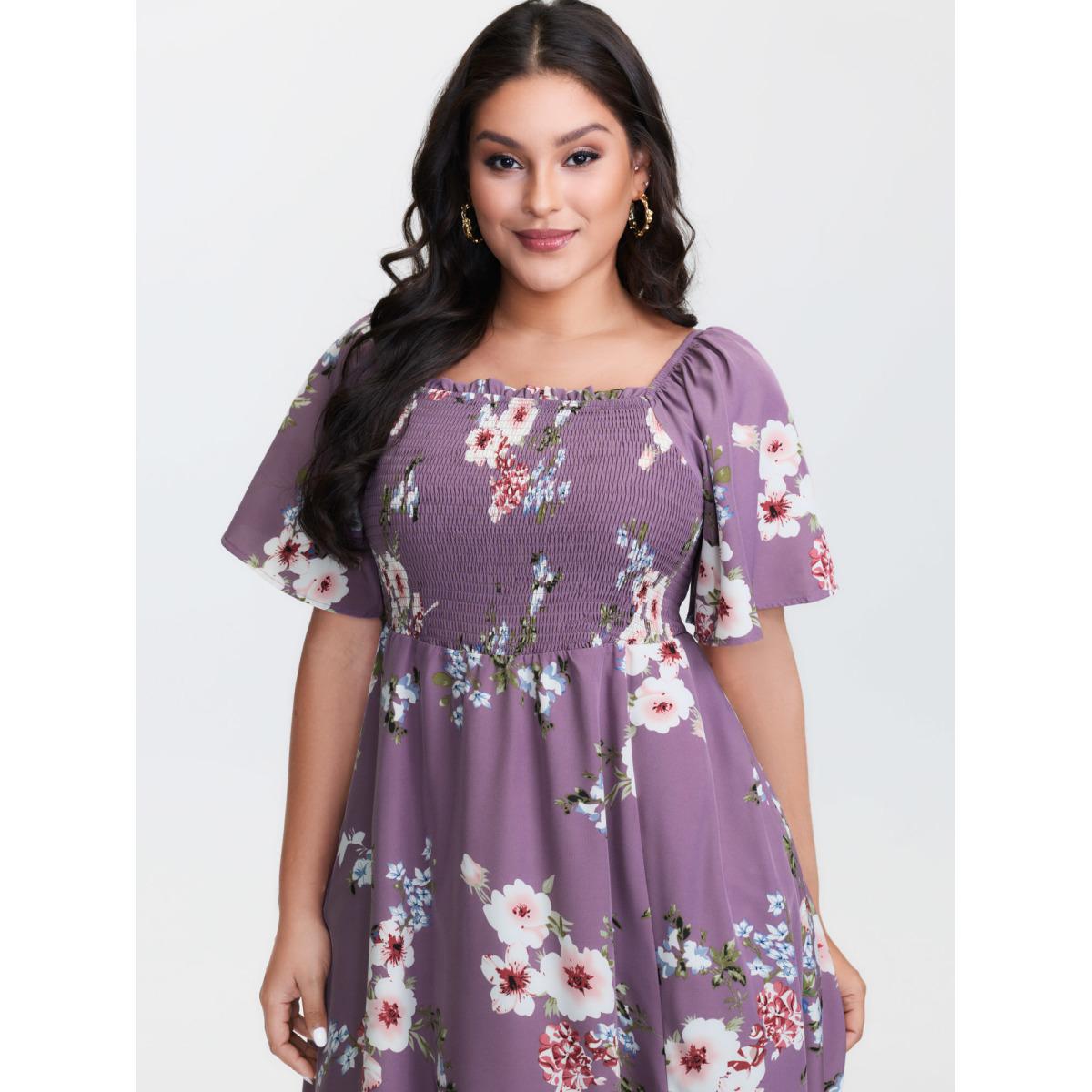 Plus Size Floral Square Neck Ruffles Pocket Shirred Split Dress Mauve Women Romantic Non Square Neck Short sleeve Curvy BloomChic 18-20/2X Product Image