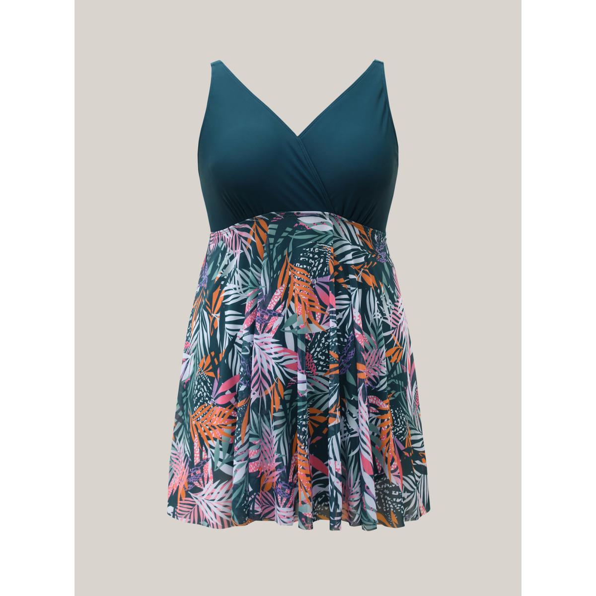 Plus Size Tropical Leaf Print Mesh Flowy Swim Dress Women's Swimwear Cyan Beach Bodycon Overlap Collar High stretch Curve Swim Dresses BloomChic 22-24/3X Product Image