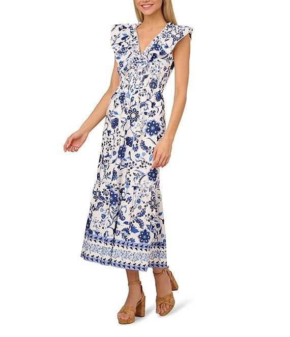 Adrianna by Adrianna Papell Cotton Floral Print V-Neck Cap Sleeve Fit and Flare Maxi Dress Product Image
